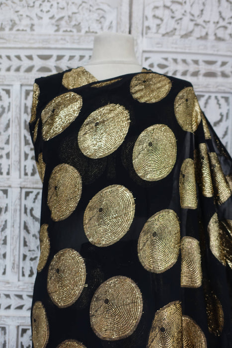 Black Large Gold Circles Woven Sari With Blouse To Fit 37 Bust - Preloved