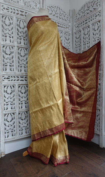 Maroon And Gold Brocade Vintage Sari - New