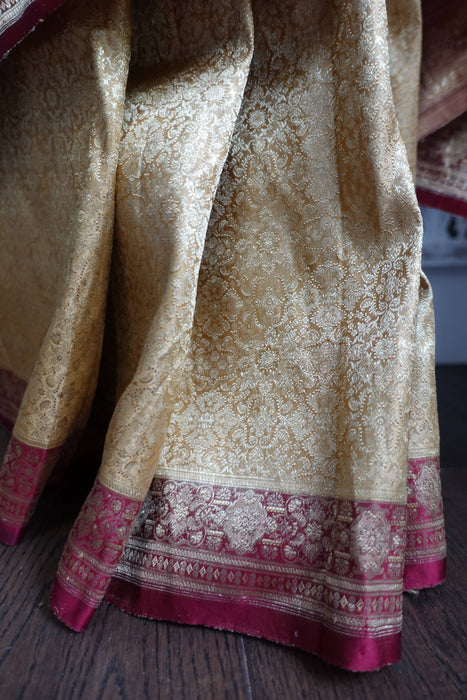 Maroon And Gold Brocade Vintage Sari - New