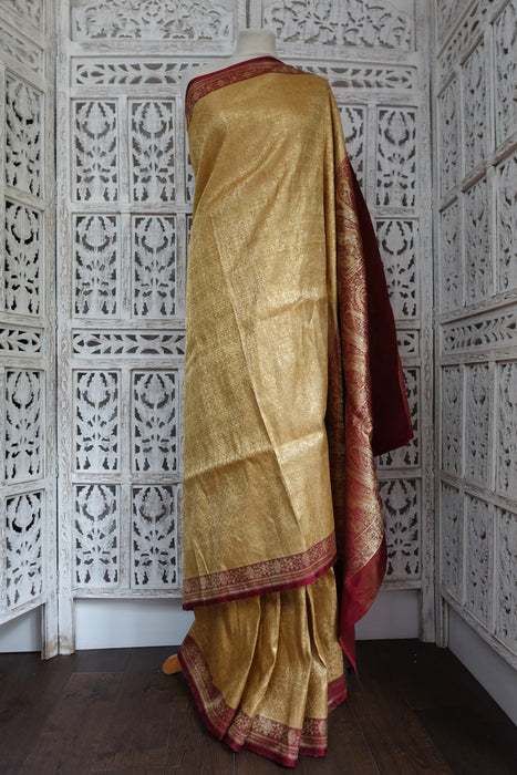 Maroon And Gold Brocade Vintage Sari - New
