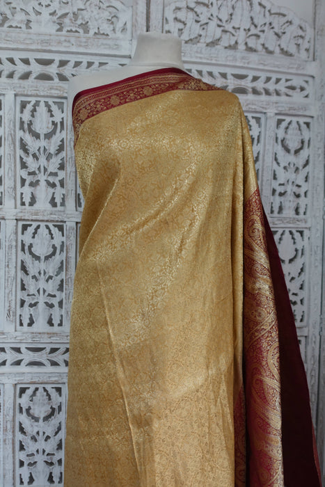 Maroon And Gold Brocade Vintage Sari - New