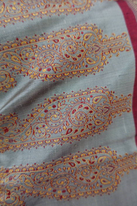 Grey And Maroon Pure Silk Sari With Blouse To Fit 34 Bust - Preloved