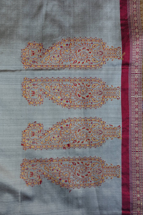 Grey And Maroon Pure Silk Sari With Blouse To Fit 34 Bust - Preloved