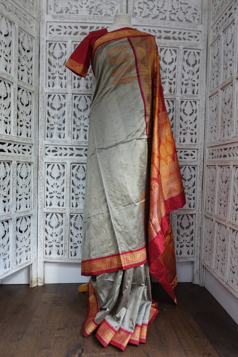 Grey And Maroon Pure Silk Sari With Blouse To Fit 34 Bust - Preloved