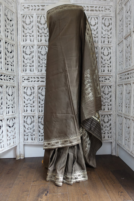 Taupe Sateen Silk Vintage Sari - Preloved
