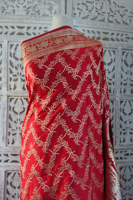 Bright Red Vintage Banarsi Woven Brocade Wedding Sari - New