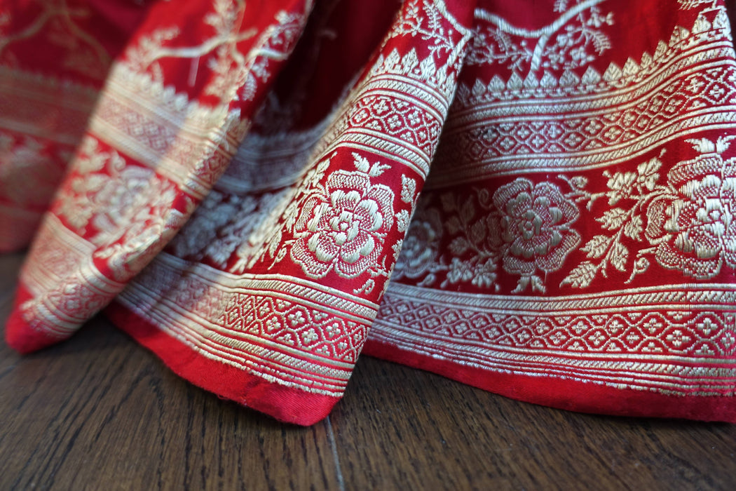 Bright Red Vintage Banarsi Woven Brocade Wedding Sari - New