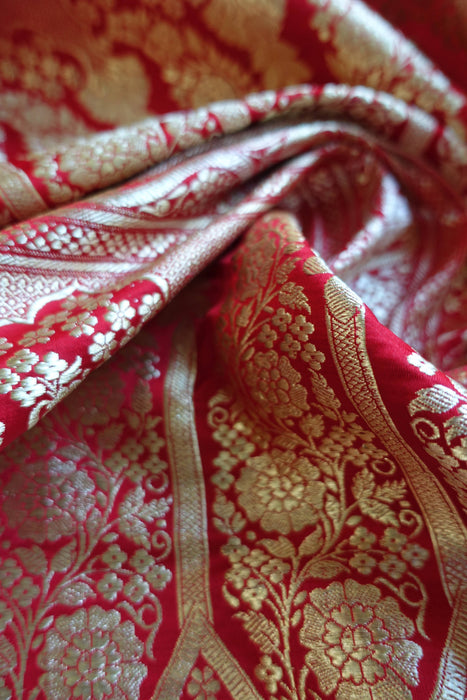 Bright Red Vintage Banarsi Woven Brocade Wedding Sari - New
