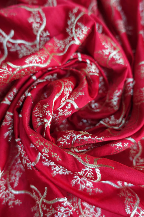 Bright Red Vintage Banarsi Woven Brocade Wedding Sari - New