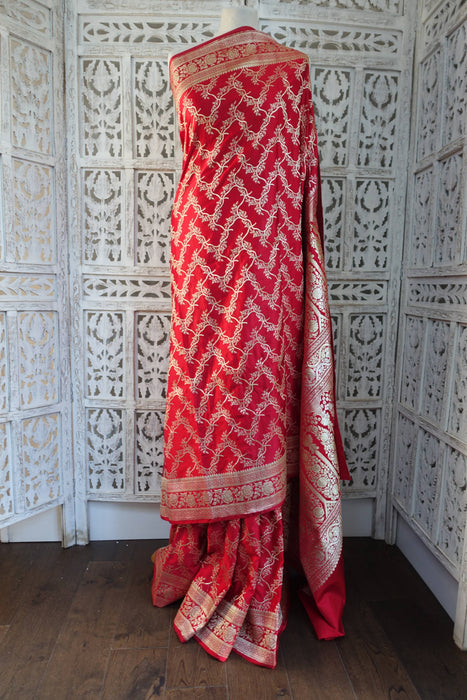 Bright Red Vintage Banarsi Woven Brocade Wedding Sari - New