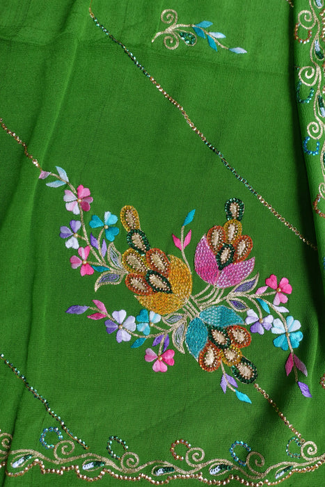 Parrot Green Pure Lightweight Silk Embroidered Vintage Sari - New