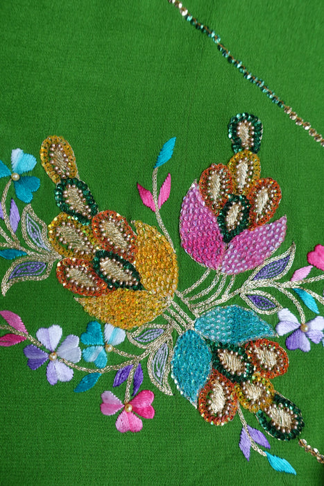 Parrot Green Pure Lightweight Silk Embroidered Vintage Sari - New