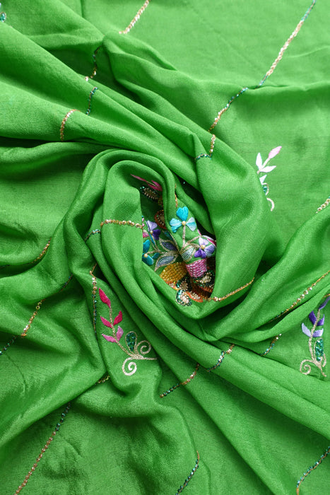 Parrot Green Pure Lightweight Silk Embroidered Vintage Sari - New