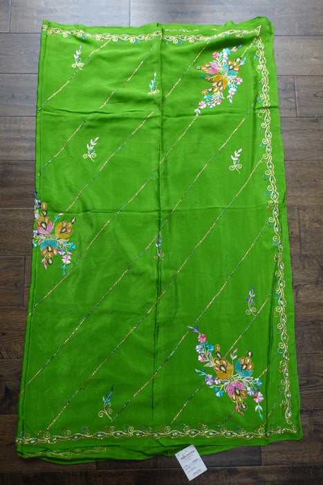 Parrot Green Pure Lightweight Silk Embroidered Vintage Sari - New