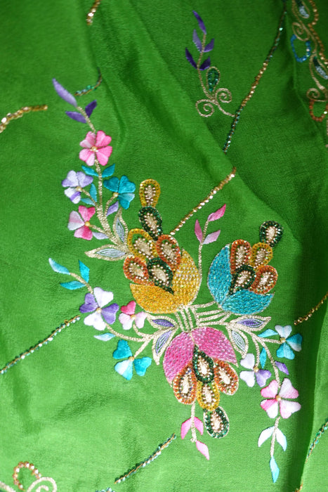 Parrot Green Pure Lightweight Silk Embroidered Vintage Sari - New
