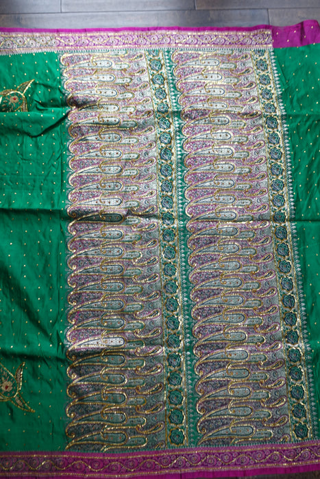 Jade Green Tanchoi Silk Vintage Sari - Preloved
