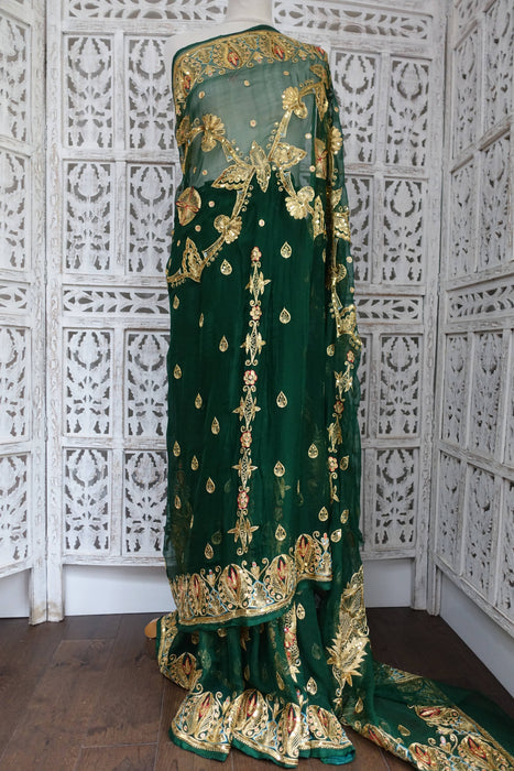 Dark Green Pure Silk Chiffon Vintage Sequinned Sari - New