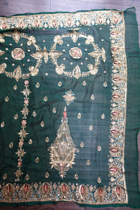 Dark Green Pure Silk Chiffon Vintage Sequinned Sari - New