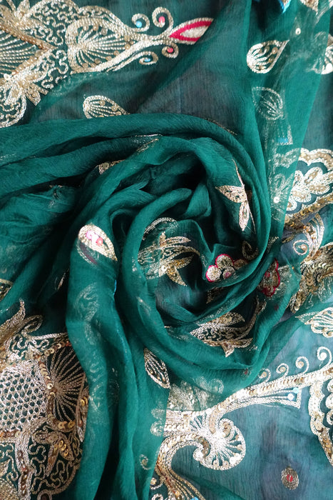 Dark Green Pure Silk Chiffon Vintage Sequinned Sari - New