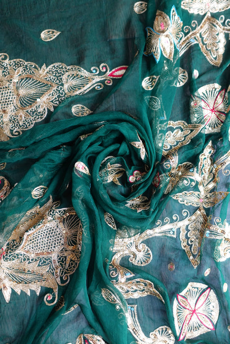 Dark Green Pure Silk Chiffon Vintage Sequinned Sari - New