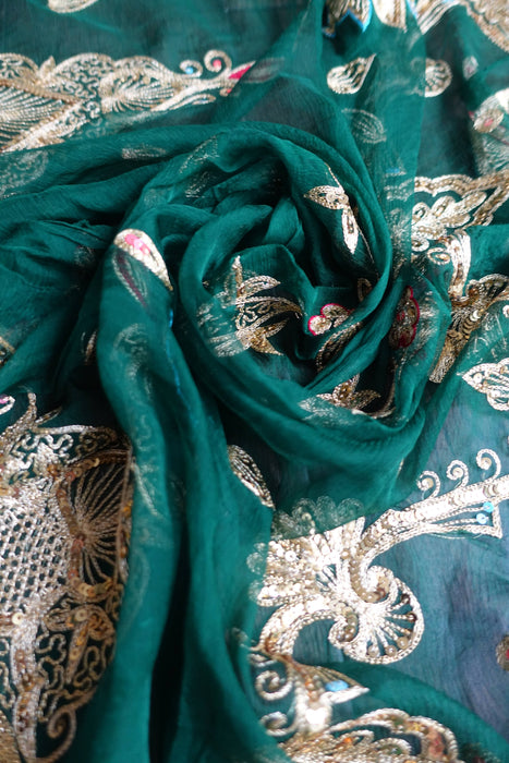 Dark Green Pure Silk Chiffon Vintage Sequinned Sari - New