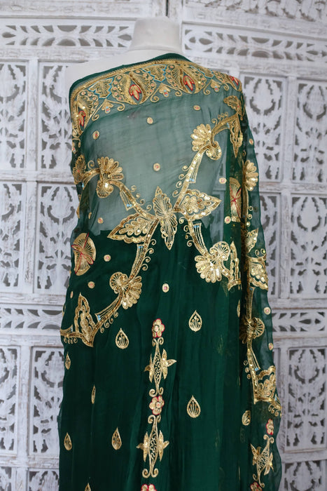 Dark Green Pure Silk Chiffon Vintage Sequinned Sari - New