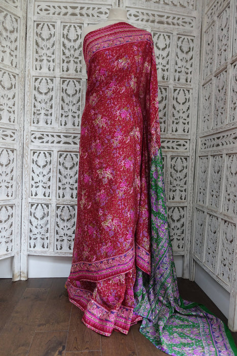 Raspberry Red Pure Vintage Printed Silk With Blouse To Fit 38 Bust - Preloved