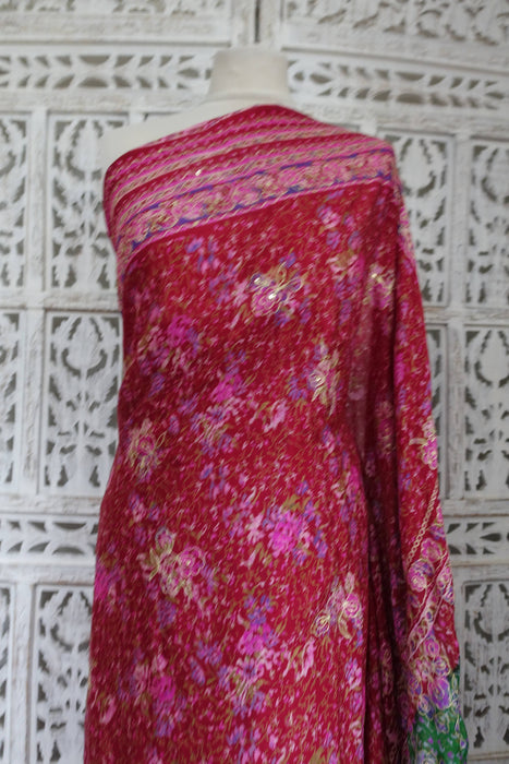 Raspberry Red Pure Vintage Printed Silk With Blouse To Fit 38 Bust - Preloved