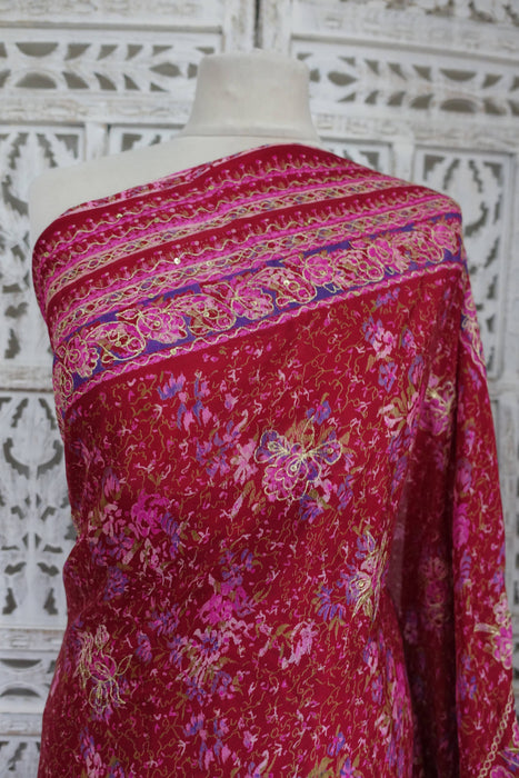 Raspberry Red Pure Vintage Printed Silk With Blouse To Fit 38 Bust - Preloved