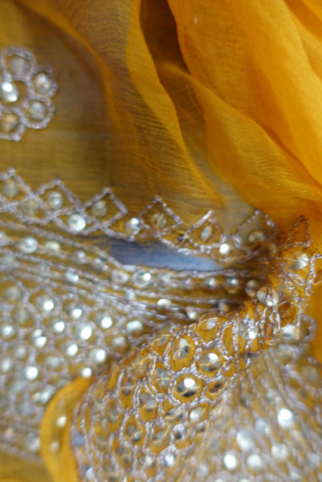 Saffron Pure Silk Chiffon Vintage Sequinned Sari - Preloved