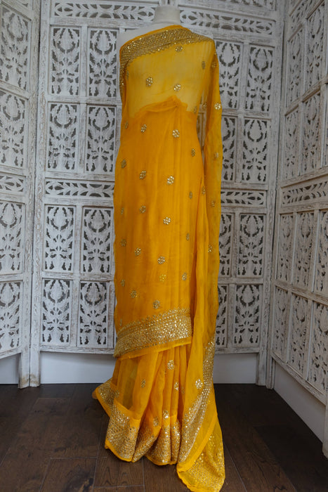 Saffron Pure Silk Chiffon Vintage Sequinned Sari - Preloved
