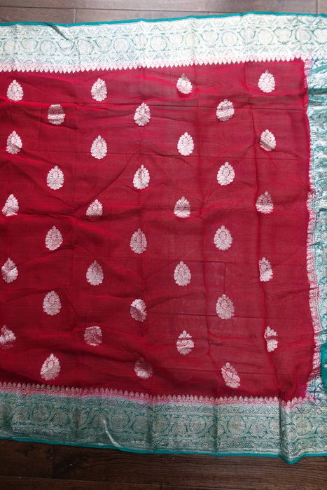 Red And Green Chiffon Banarsi Sari - New