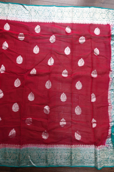 Red And Green Chiffon Banarsi Sari - New