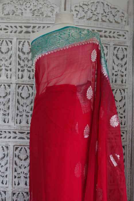Red And Green Chiffon Banarsi Sari - New