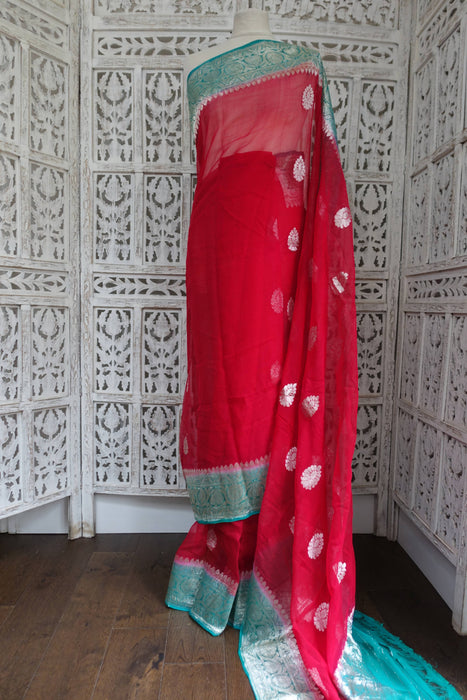 Red And Green Chiffon Banarsi Sari - New