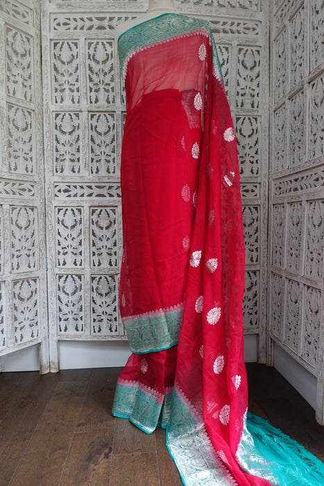 Red And Green Chiffon Banarsi Sari - New