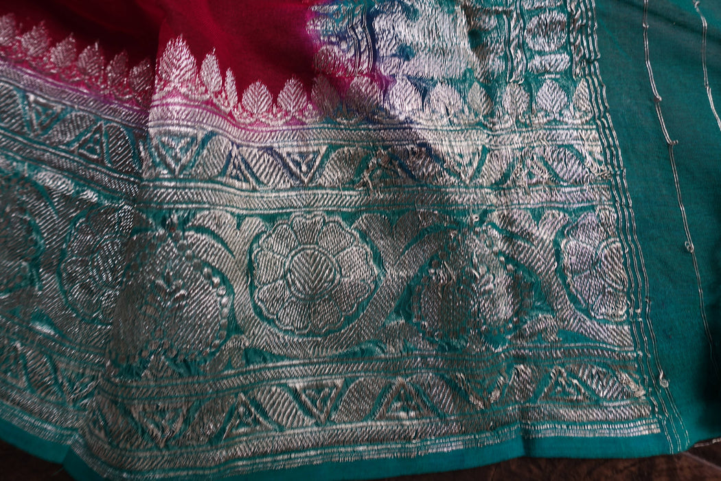Red And Green Chiffon Banarsi Sari - New