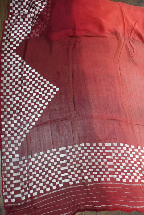 Rust And Orange Silk Chiffon Silver Sari - Preloved