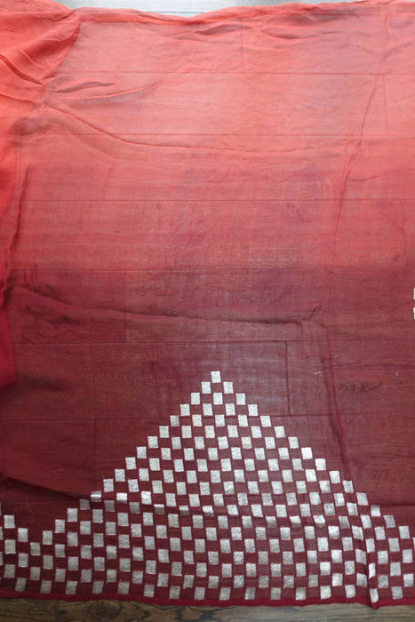 Rust And Orange Silk Chiffon Silver Sari - Preloved