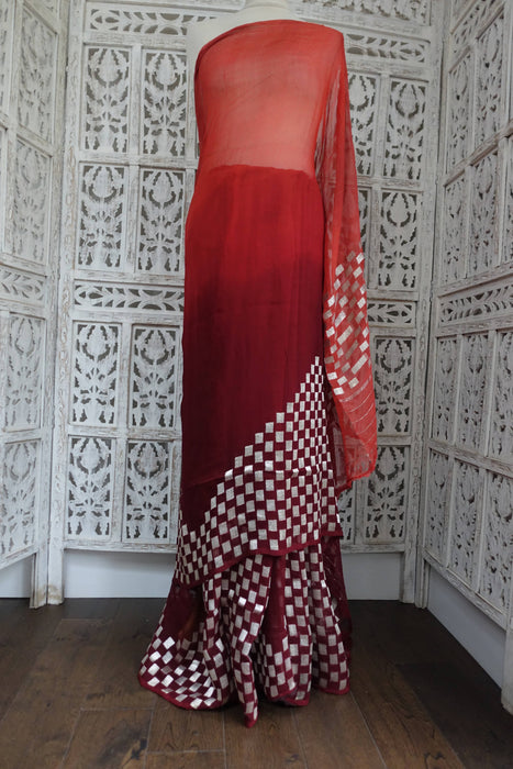 Rust And Orange Silk Chiffon Silver Sari - Preloved