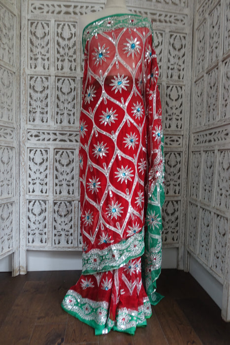 Red Pure Silk Chiffon Vintage Wedding Sari - Preloved