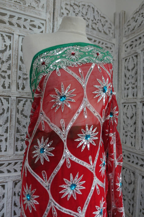 Red Pure Silk Chiffon Vintage Wedding Sari - Preloved
