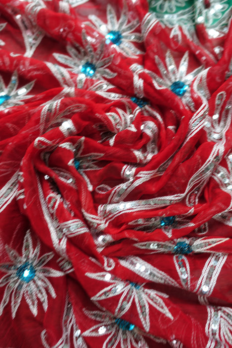 Red Pure Silk Chiffon Vintage Wedding Sari - Preloved