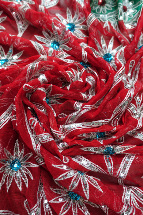 Red Pure Silk Chiffon Vintage Wedding Sari - Preloved
