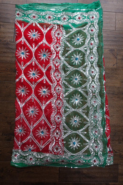 Red Pure Silk Chiffon Vintage Wedding Sari - Preloved