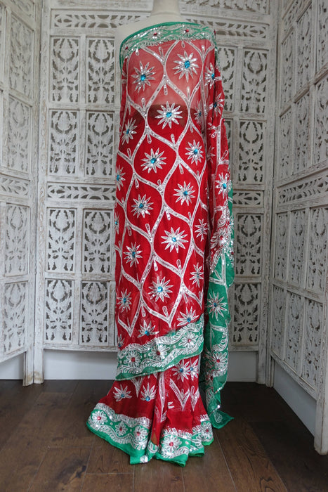 Red Pure Silk Chiffon Vintage Wedding Sari - Preloved