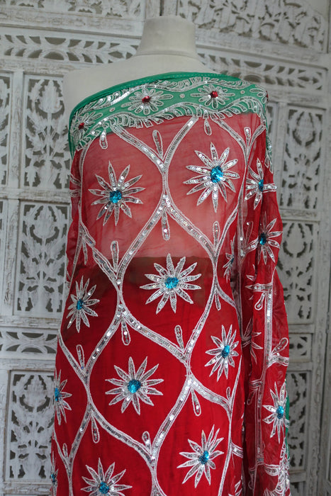 Red Pure Silk Chiffon Vintage Wedding Sari - Preloved