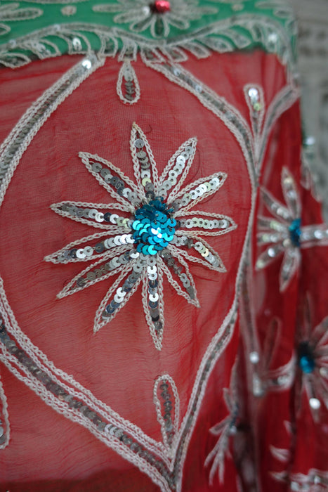 Red Pure Silk Chiffon Vintage Wedding Sari - Preloved