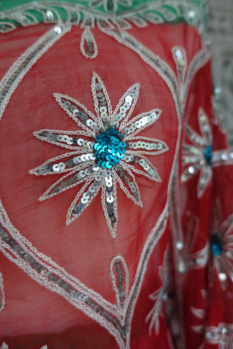 Red Pure Silk Chiffon Vintage Wedding Sari - Preloved