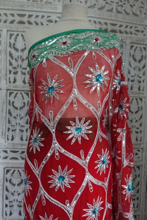 Red Pure Silk Chiffon Vintage Wedding Sari - Preloved